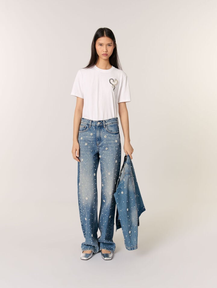 Wide-leg embroidered jeans