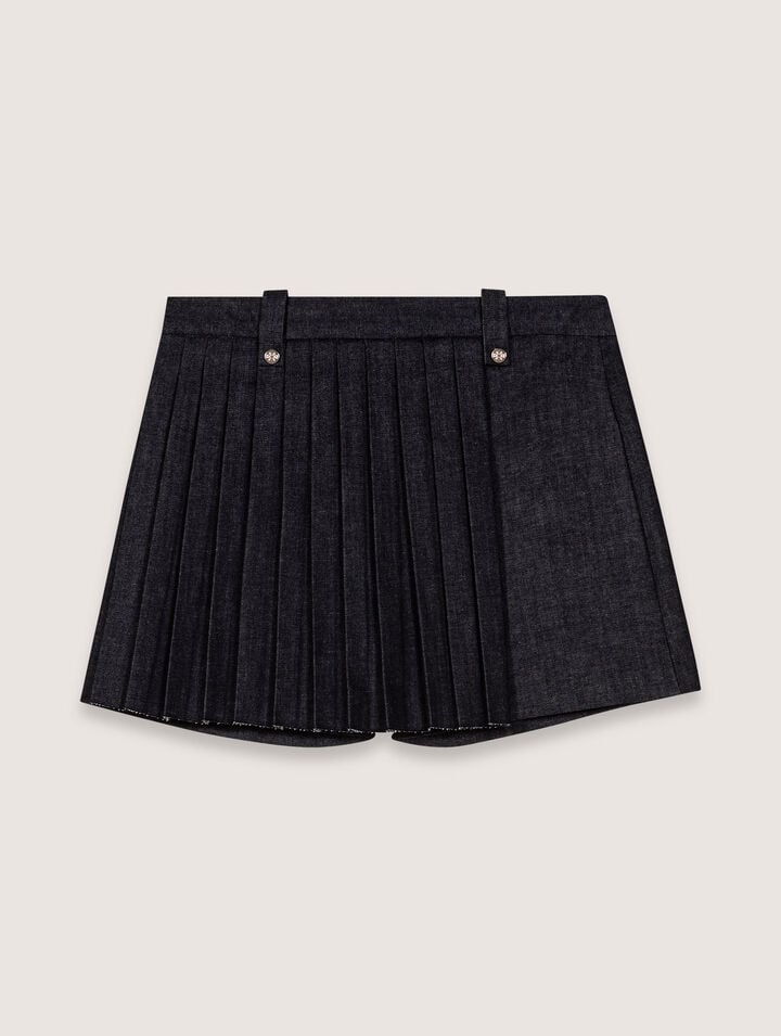 Layered-effect pleated denim shorts